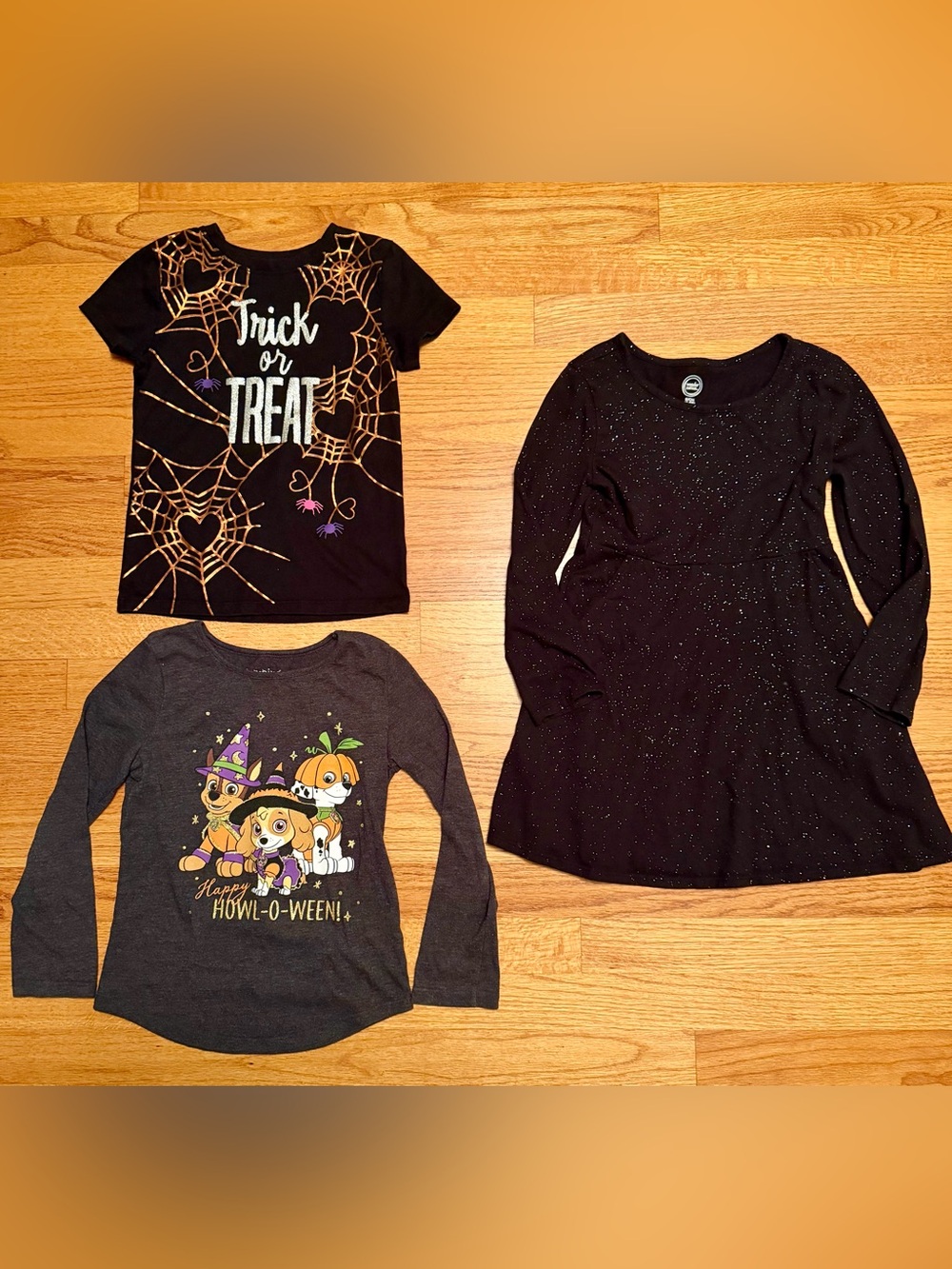 Lot of 3 Girls Halloween Items Sz 6 6X - 2 Shirts & 1 Dress Sparkly Paw Patrol